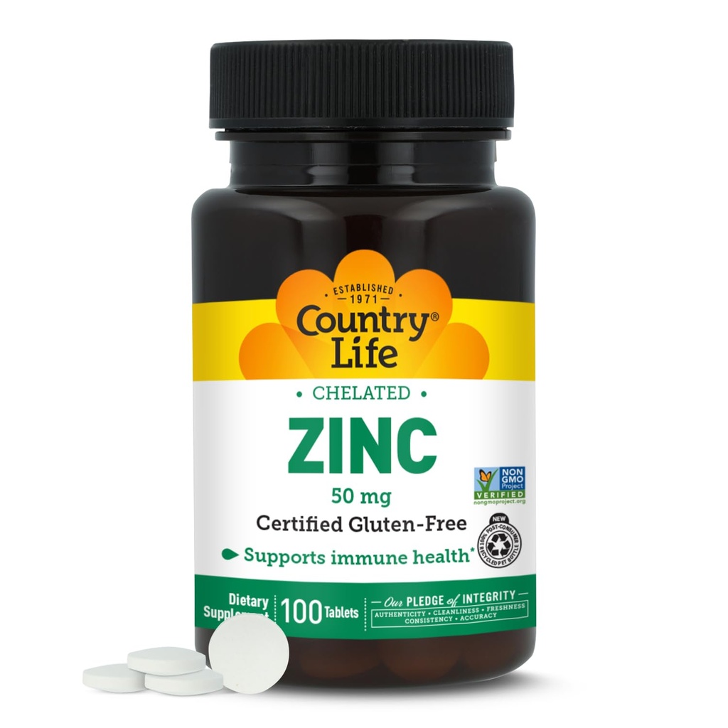 Country Life Chelated Zinc 50 mg - Certified Gluten-free & Vegan Immune Support Supplement, Ενισχύει την Απορρόφηση Ψευδαργύρου, Υποστηρίζει την παραγωγή πρωτεϊνών του σώματος & Κυτταρική Υγεία, 100 χορτοφαγικά δισκία