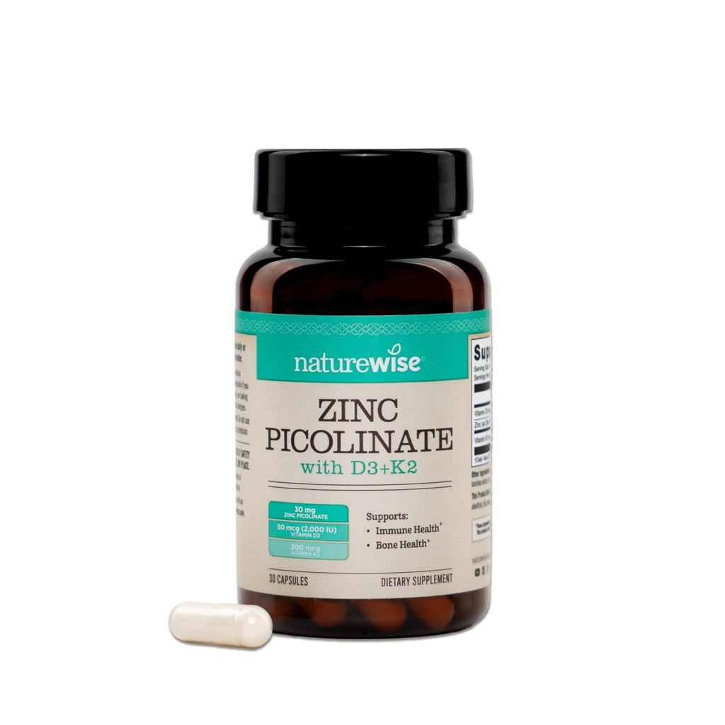 NatureWise Zinc Picolinate με D3 + K2 - Συμπληρώματα ψευδαργύρου για άνδρες & γυναίκες + Βιταμίνη D3 K2 - Υποστηρίζει ανοσοποιητικό & Οστική Υγεία* - Μη-ΓΤΟ, Χωρίς γλουτένη, ΗΠΑ Κατασκευάζονται - 30 κάψουλες[30 Ημέρα προσφοράς]