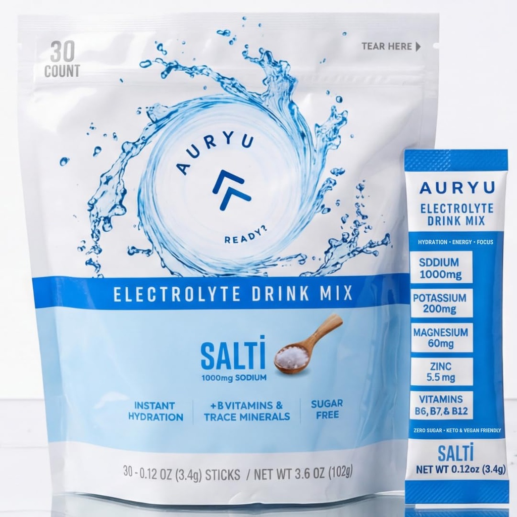 Salti Electrolyte Drink Mix Toz Unflavored, 30 Stick Packs, 1000 mg sodyum, B Vitamins & Trace Minerals, Zero Sugar, Keto & Vegan Dostu Hydration, 7.4oz