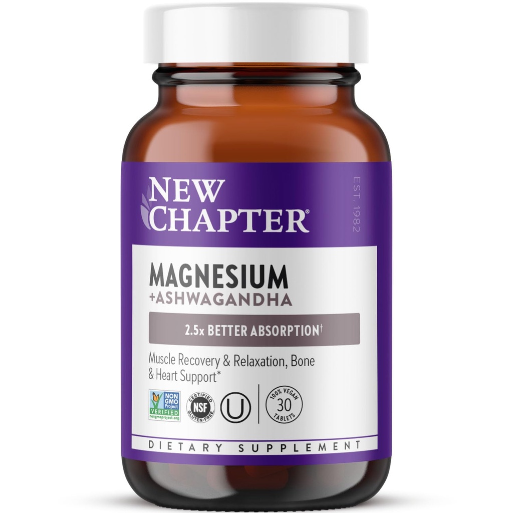 New Chapter Magnesium + Ashwagandha Supplement, 325 mg with Magnesium Glycinate for Muscle Relaxation & Recovery, Heart, Nerve & Bone Health, 2.5X Absorption, Non-GMO - 30 ct (1 Month Supply)