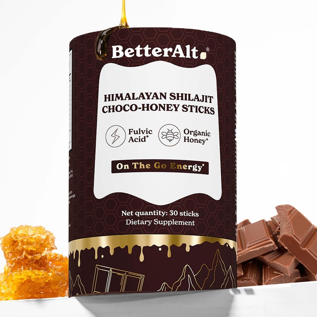 Better Alt Chocolate Shilajit Honey Sticks %75 Fulvic Acid & 85+ Trace Minerals Chocolate-Infused Raw Honey Himalaya Shilajit Energy ATM 30 Sticks Natural Stamina & Endurance Support Support