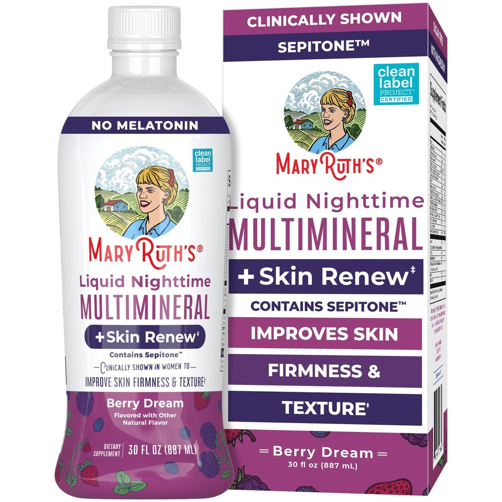MaryRuth's Liquid Nighttime Liquid Multimineral + Skin Renew | Clinically Shown in Women to Reduce Fine Wrinkle & Improve Skin Firmness | Sepitone | NO Melatonin | Magnesium | Vegan | 30 Servings