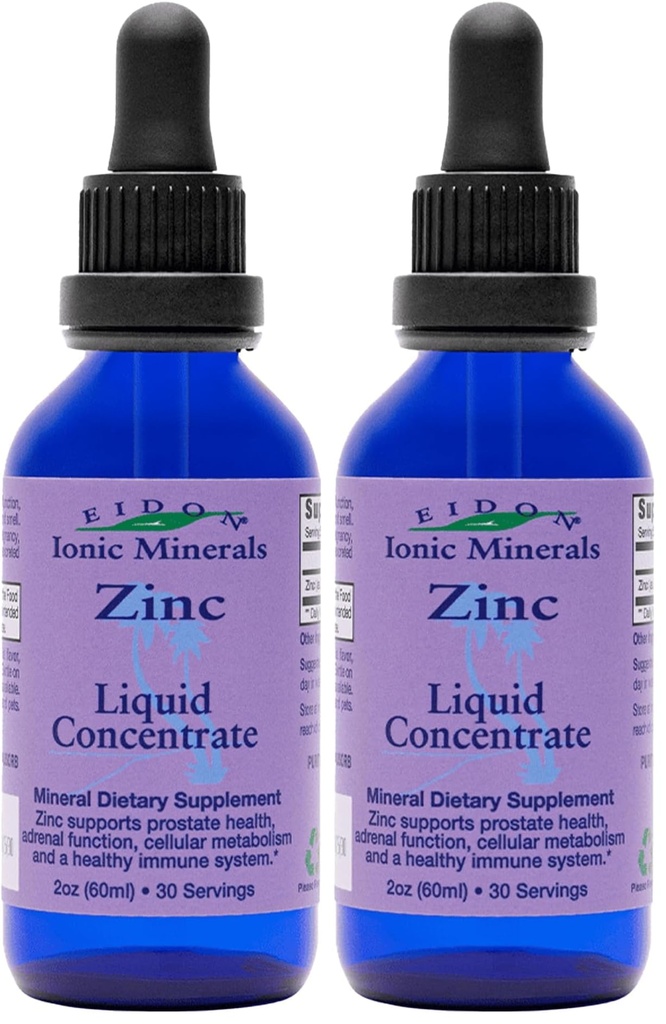 Eidon Ionic Minerals Liquid Zinc Concentrate - Ionic Zinc Supplement Drops for Adults and Kids, Support Immune System, Hair and Skin, Liver and Kidney Health, Reliefs Stress - 2 oz (Pack of 2)
