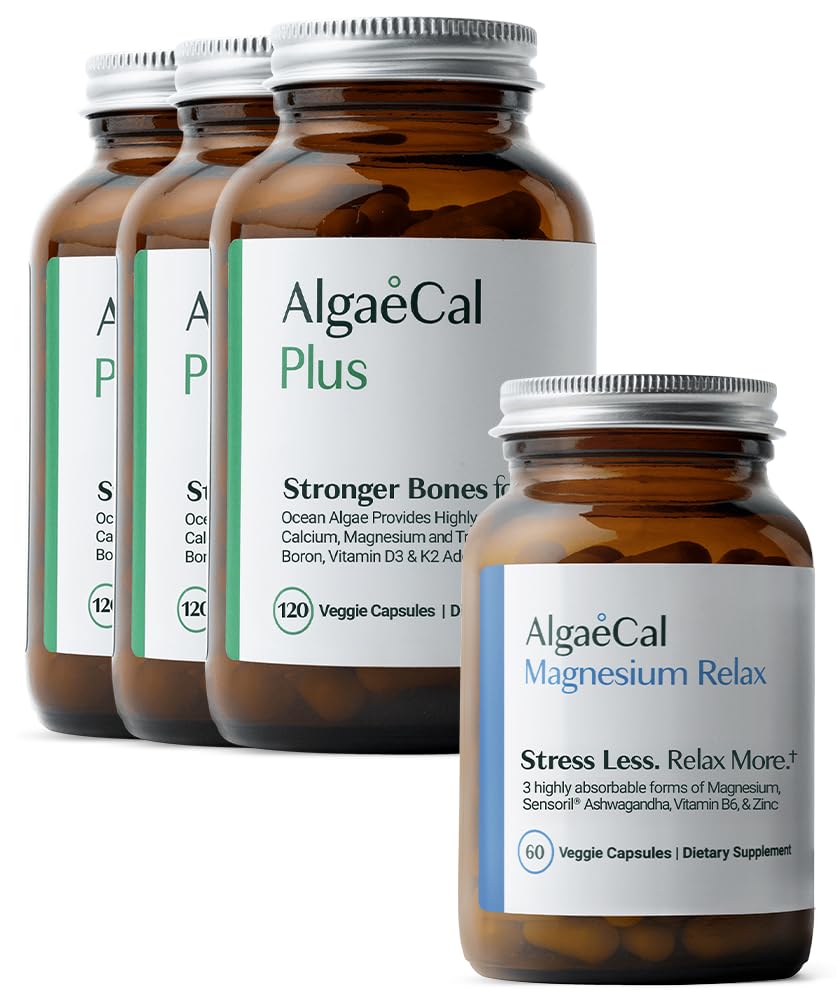 ALGAECAL Organic Red Algae Calcium Supplement for Bone Density & Strength, Vitamin K2 MK7, Vitamin D3, Magnesium & Trace Minerals, 120 Veggie Caps Magnesium Relax™ (60 Caps)