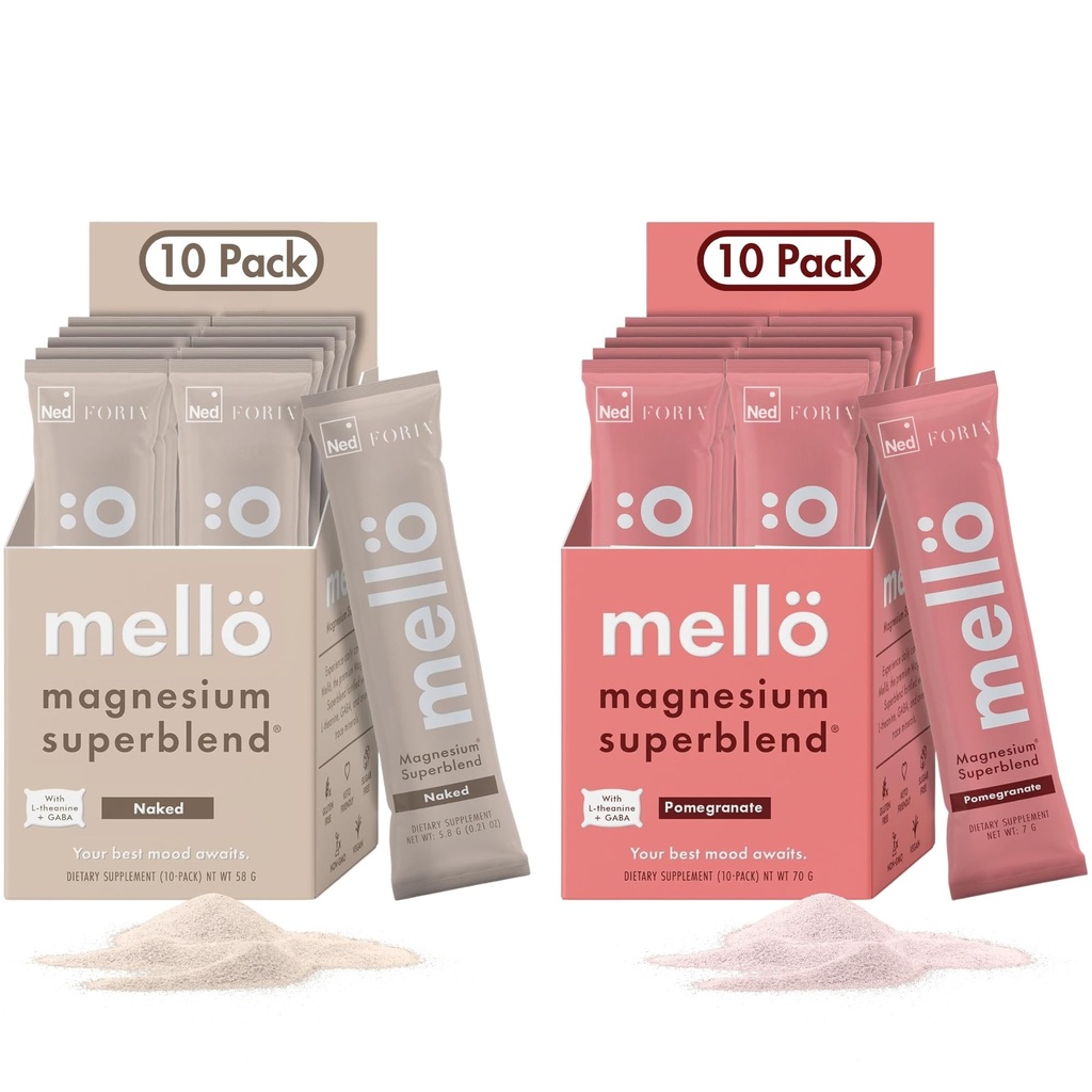 Mellö Magnesium Superblend Bund Bundle - Ρόδι & Άγευστο - Μαγνήσιο Γλυκινικό με L-Θεανίνη, GABA & Trace Minerals - Υποστηρίζει τον ύπνο, την χαλάρωση και την ισορροπημένη ενέργεια - 2 x 10-Packs