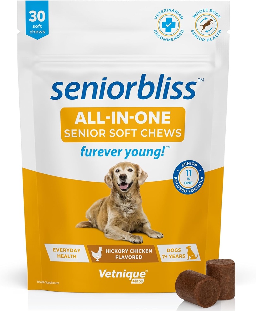 Vetnique Seniorbliss Senior Dog Multivitamin with Glucosamine, Omega 3 Fish Oil, and Probiyotiks - For Dog Commons, Digestive and Immune Support for Optimal Health (All-in-One Daily, 30 Ct)