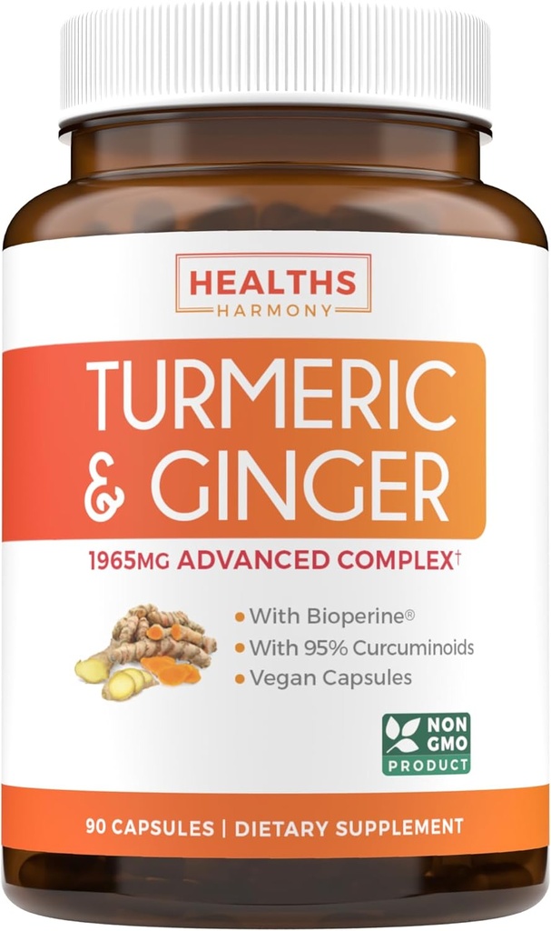 Turmeric ve Ginger Supplement (Non-GMO) 1980mg Servisi - Turmeric Curcumin with Black Pepper Bioperine, Ginger Extract, and% 95 Curcuminoids Toz - Tumeric Ortak Destek Supplement - 90 Capsules