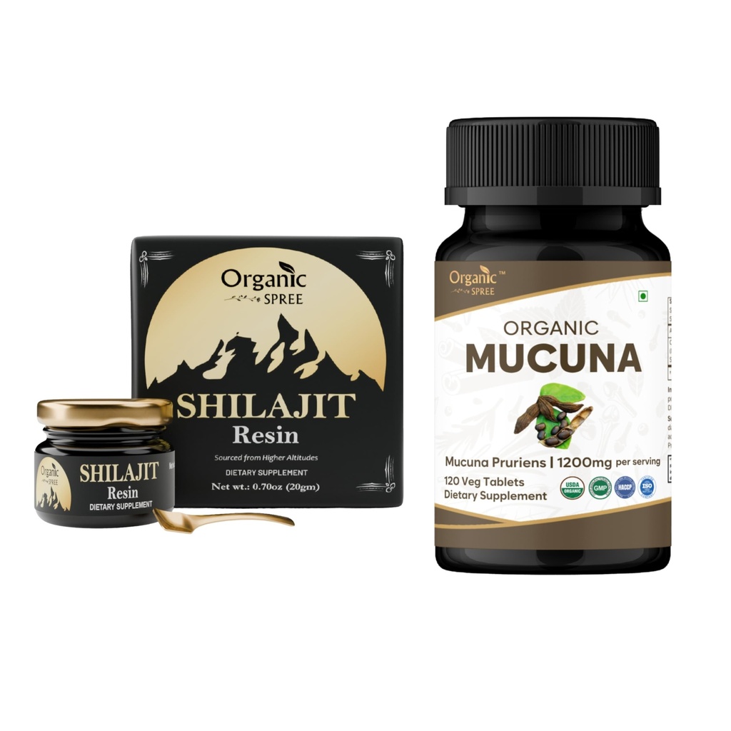 ORGANIC SPREE Pure Himalayan Shilajitwear & Mucuna Supplement – 20g & 120 Tablet - 85+ Trace Mineral Fulvic Acid Wear & USDA Organik Mucuna Pruriens