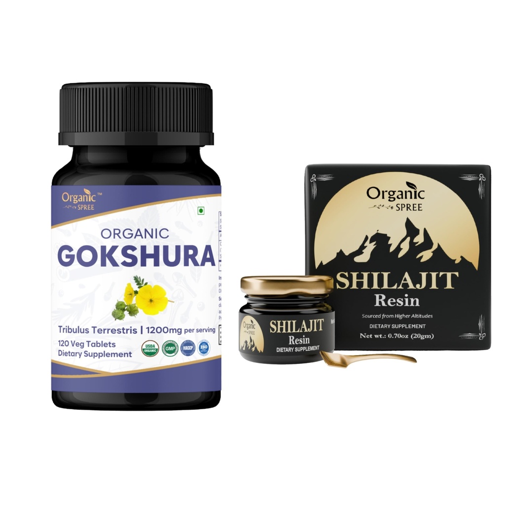 ORGANIC SPREE Gokshura & Himalaya Shilajit - USDA Organik Tribulus Terrestris 120 Tablet & 20g Wear with 85+ Trace Minerals - Supports Energy & Immune Health*