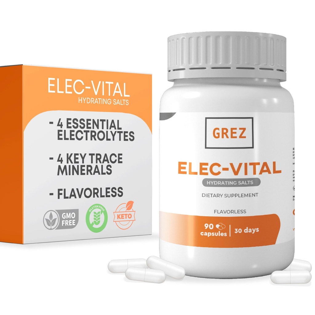 GREZ Elec-Vital Electrolyte Capsules - 8 Essential Electrolytes and Key Trace Minerals - Sugar Free - Flavorless - Hydration Mineral Supplement Support - 30 Days için 90 Capsules