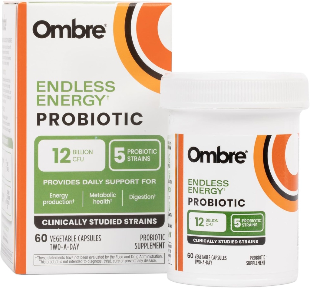 Ombre Endless Energy Probiyotik Supplement, Supports Natural Energy Production, Memory, Focus & Gut Health, 12 Milyar CFU, Raf-Stable, 30 Hizmet
