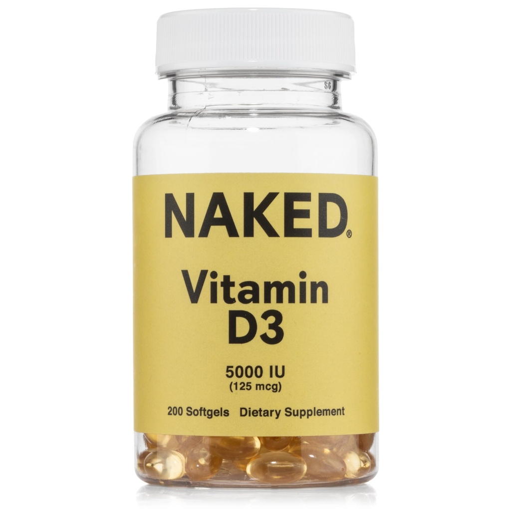 NAKED Vitamin D3 5000 IU - Immune Support, Bone Strength, Muscle Function - 200 Vitamin D Softgels