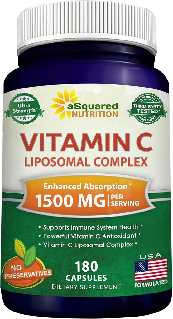 ASquared Beslenme Vitamini C Liposomal Kompleksi - 1500 mg Supplement - 180 Capsules - High Abxia VIT C Ascorbik Asit Pills - Destekler Immune System & Collagen Health - 90 Hizmetler