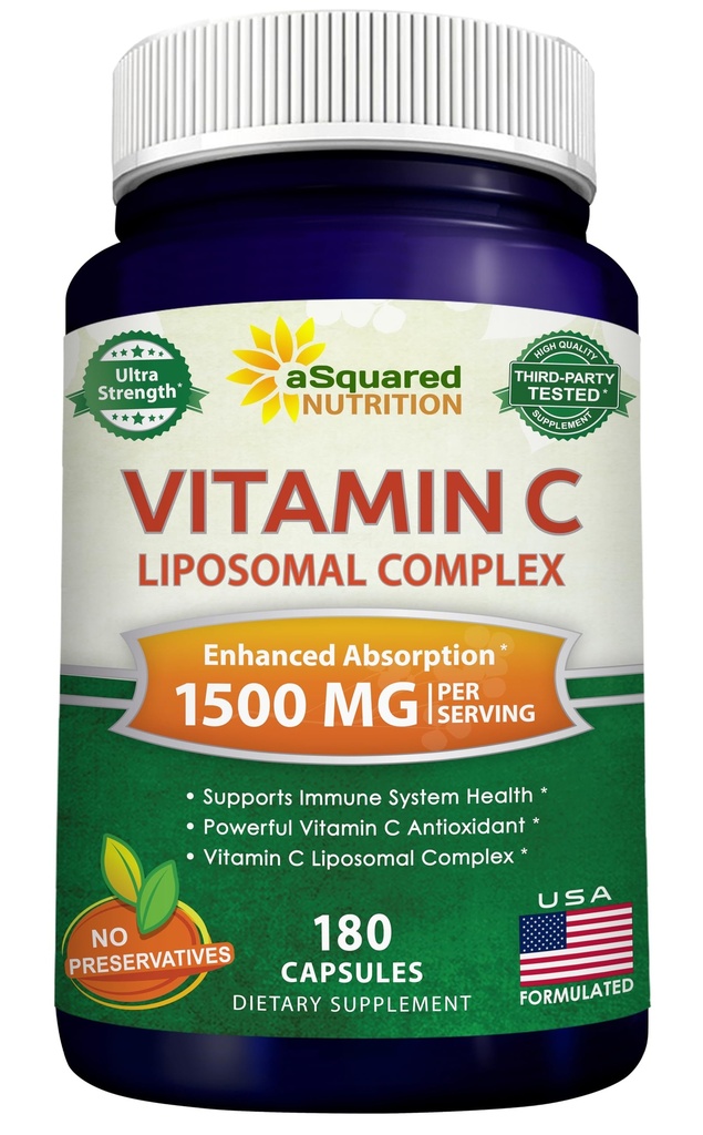 ASquared Beslenme Vitamini C Liposomal Kompleksi - 1500 mg Supplement - 180 Capsules - High Abxia VIT C Ascorbik Asit Pills - Destekler Immune System & Collagen Health - 90 Hizmetler