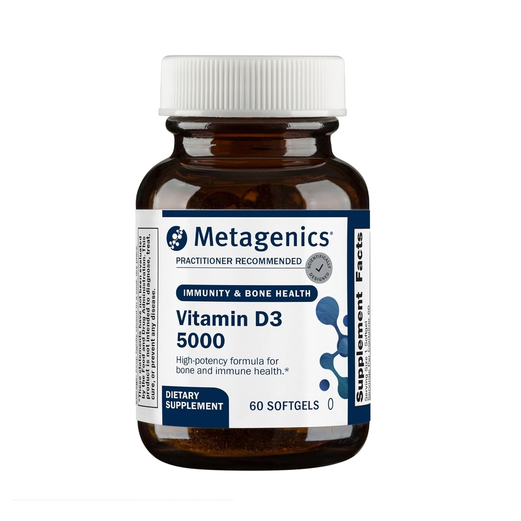Metagenics Vitamin D3 5000 IU Supplement - Immune, Bone & Heart Health * - 125 mcg Cholecalciferol in Coconut Oil for Advancedd Abxia* - Non-GMO, Gluten-Free - 60 Kont, Gluten-Free - 60 Kont