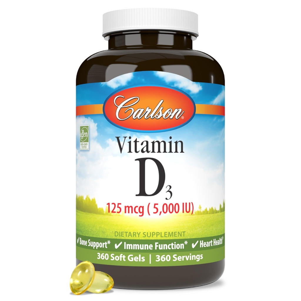 Carlson - D3 5000 IU (125 mcg), Bone Health, Muscle Health, Cholecalciferol, D Supplements, D3 Soft Gels, 360 Softgels