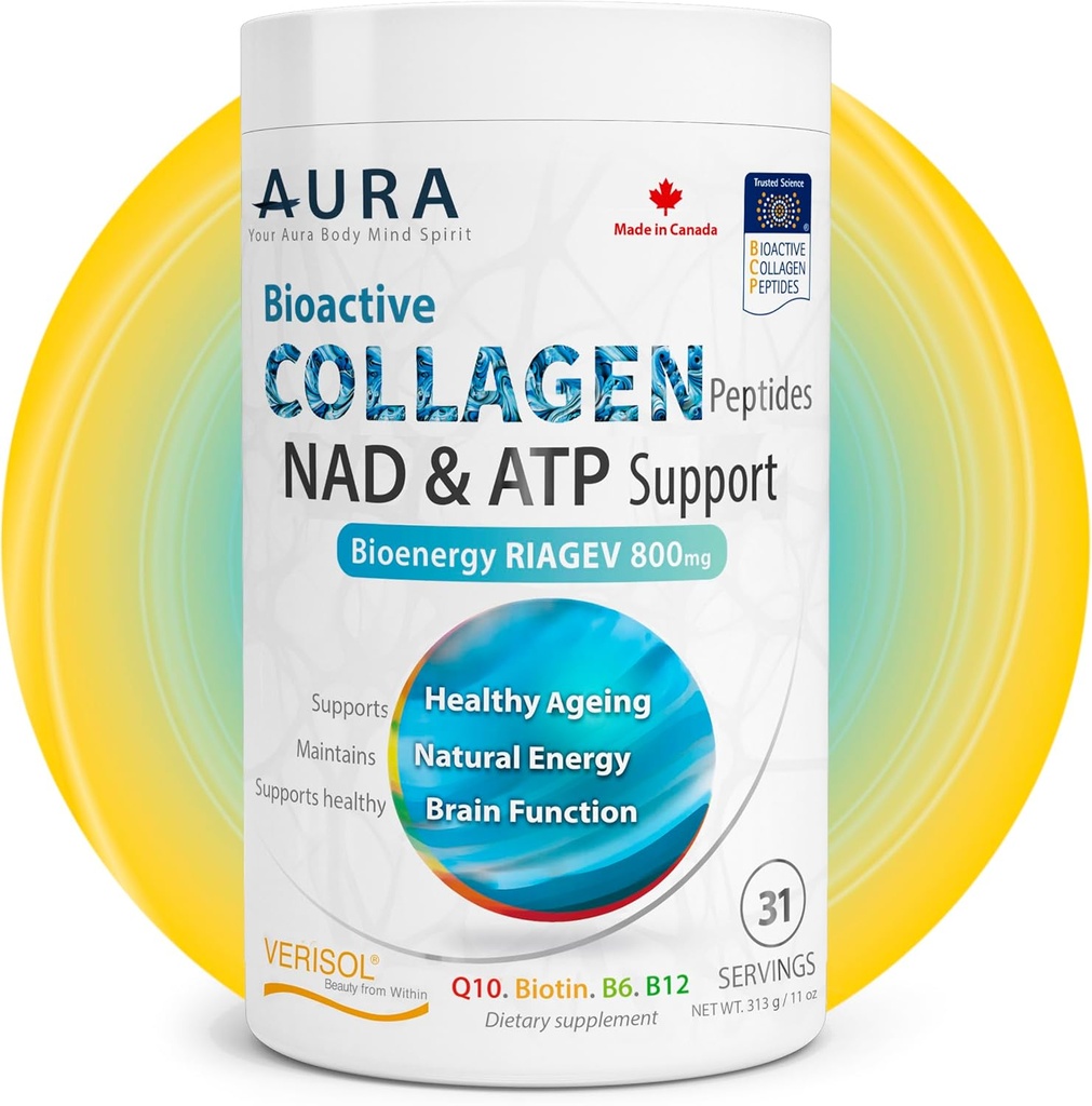 AURA VERISOL® Bioaktif Collagen.® Toz Patentli NAD+ & ATP ATMs, Advanced Cellular Rejuvenation System, Sağlıklı Aging & DNA Onarım, Unflavored, Made in Canada, 31 Services.