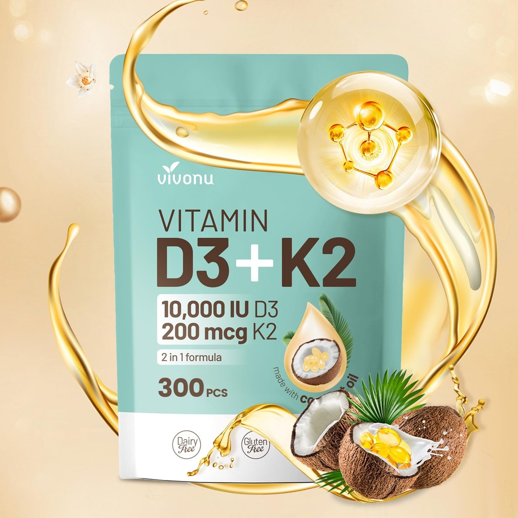 VivoNu Βιταμίνη D3 K2 10000 IU με MK7-300 Virgin Coconut Oil Softgels, 2 σε 1 Βιταμίνες D & K Complex 