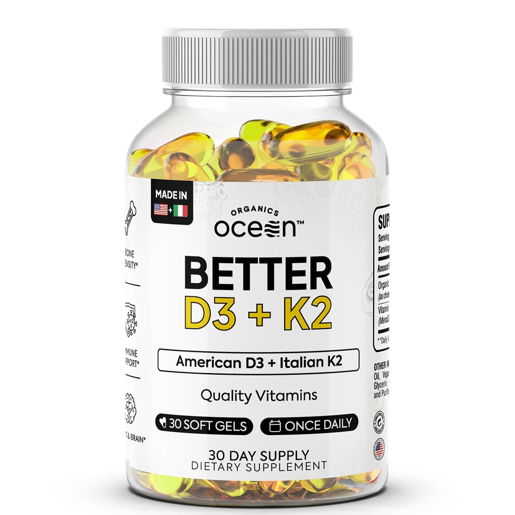 Organics Ocean Better D3 + K2-1000% Βιολογικό VIT D3 και K2 Συμπληρώματα με Μέγιστη Βιοδιαθεσιμότητα - Υποστηρίζει Πυκνότητα των οστών, Ισορροπία ασβεστίου, Ανοσία & Mood - 1-Pack, 30-Day Supply