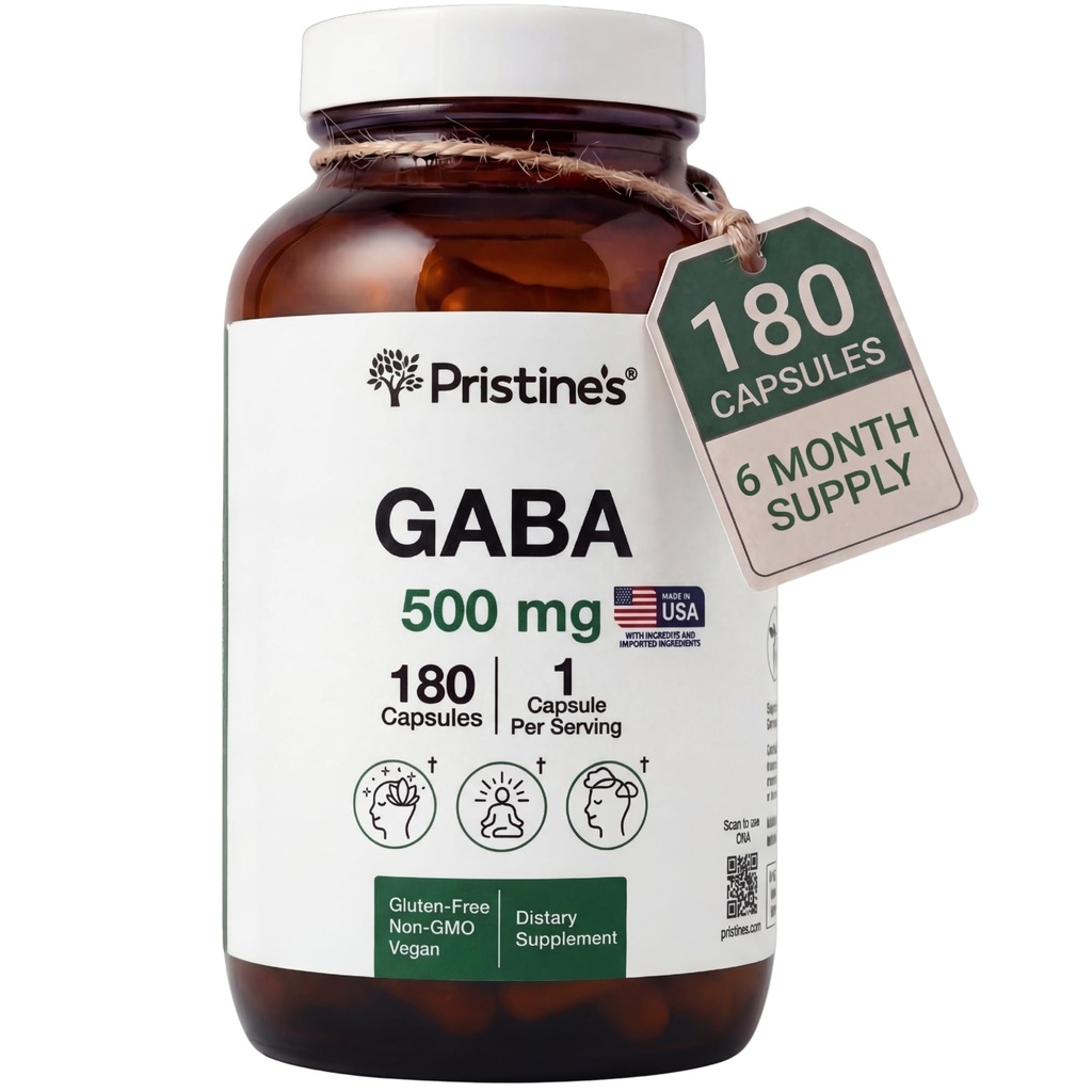 PRISTINE'S GABA 500mg Sleep Quality Support Supplement - 180 Day Supply - Calm Mind & Relaxation Sleep Support Capsules Glass Bottle