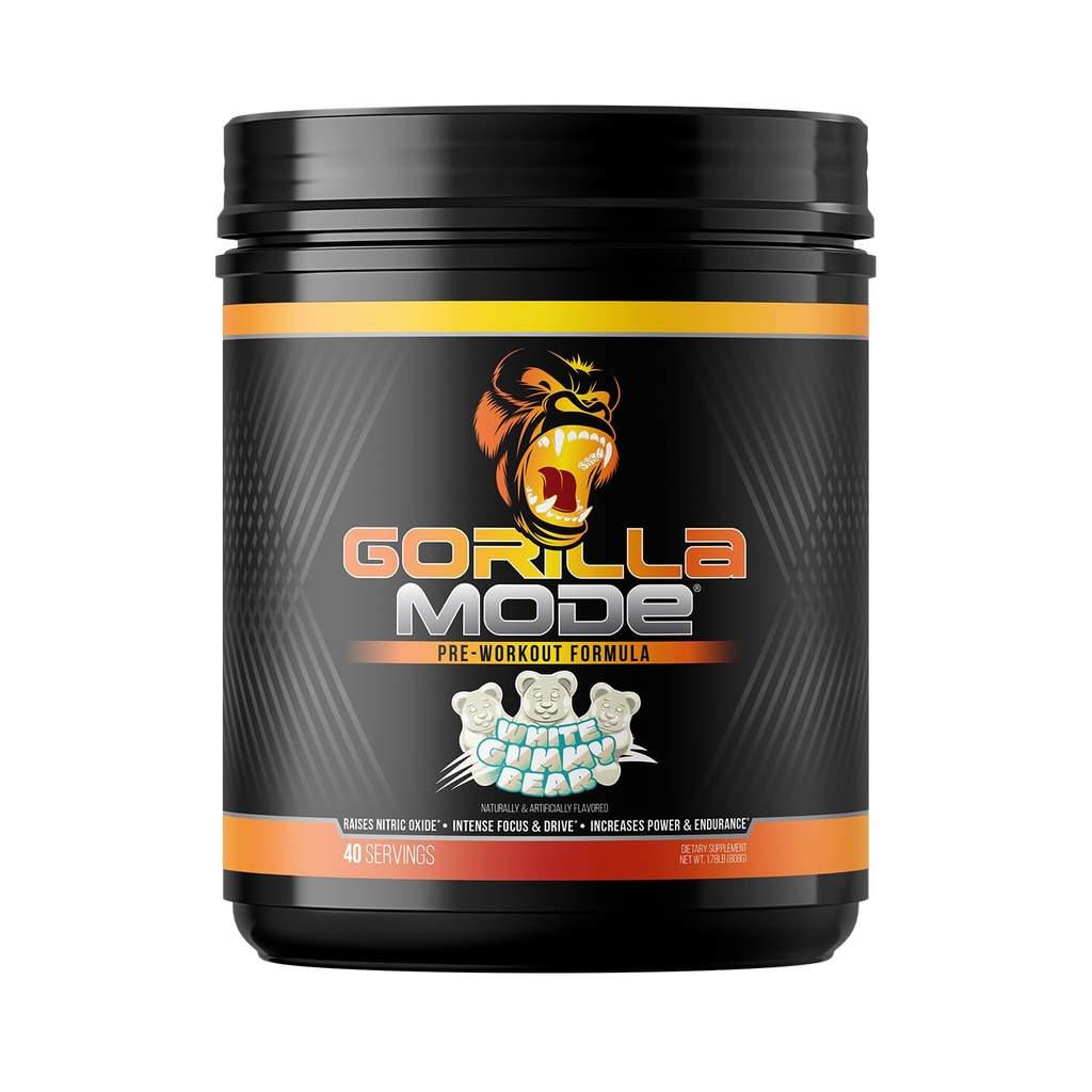 Gorilla Mind Pre Workout - Massive Pumps Laser Focus Energy Power - L-Citrulline, Kretine, L-Tyrosine, Betaine, Hydroprime, Alpha-GPC, 400 mg Caffeine, Huperzine A 808g (Beyaz Gummy Bear)