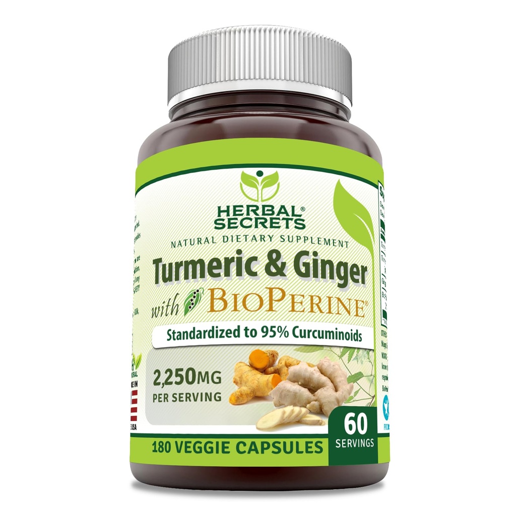 Herbal Secrets Turmeric Curcumin & Ginger with BioPerine Supplement | 2,250 Mg Per | 180 Capsules | Non-GMO | Gluten Free | Made in USA