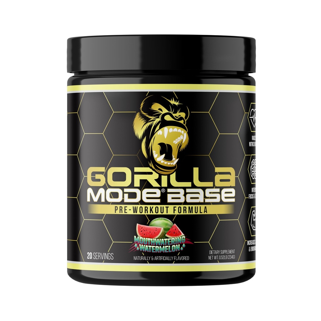 Gorilla Mode Base Pre Workout - Yükseltler Nitrik Oksit · Intense Focus & Drive · Endurance · Power - L-Citrulline, L-Tyrosine, Betaine, Alpha-GPC, Caffeine, Huperzine A - 234g (Mouthwatering Watermelon)
