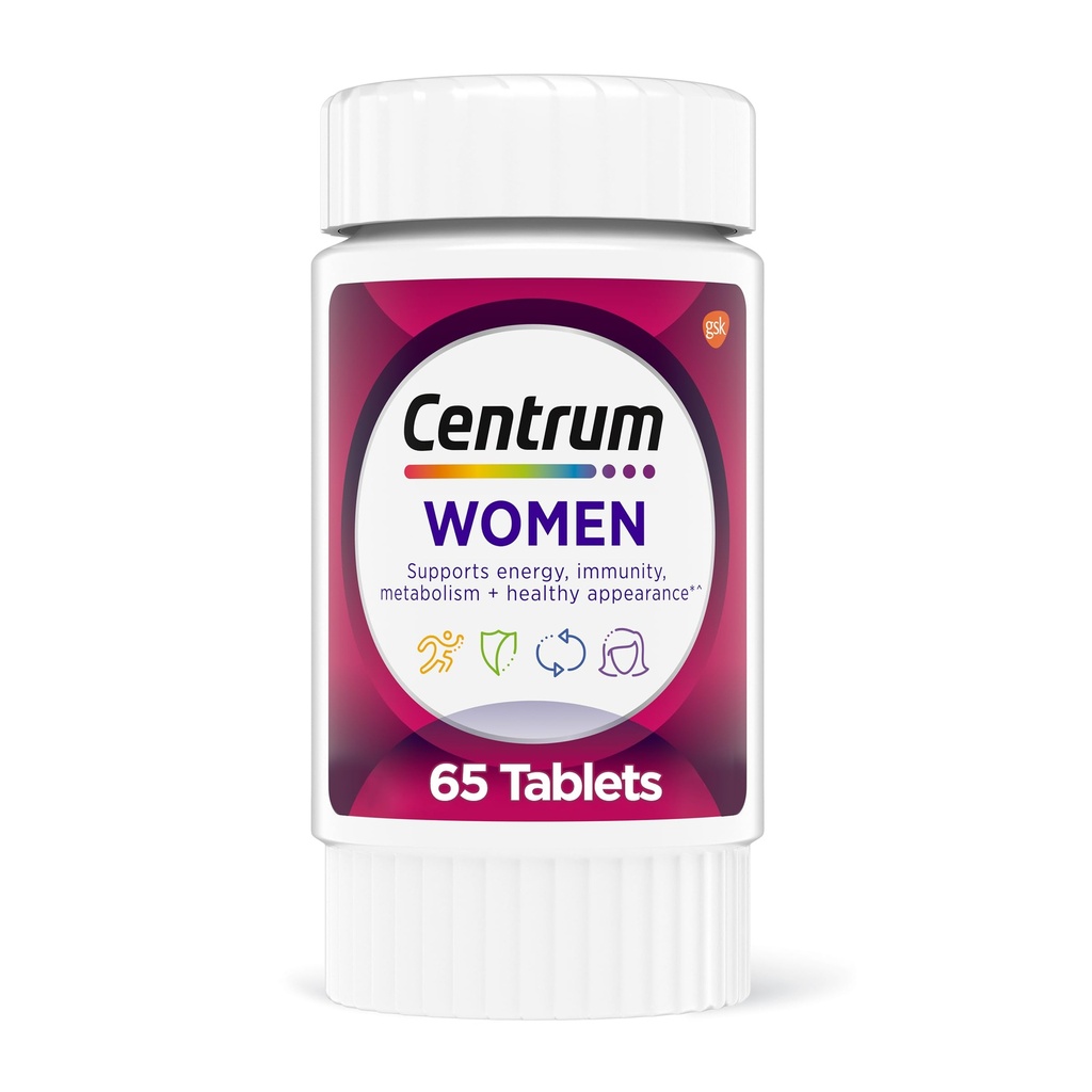 Centrum Multivitamin για γυναίκες, Multivitamin / Multimineral συμπλήρωμα με σίδηρο, βιταμίνη D3, Β Βιταμίνες και Αντιοξειδωτικές Βιταμίνες C και E, Χωρίς γλουτένη, Μη ΓΤΟ Συστατικά - 65 Μέτρα