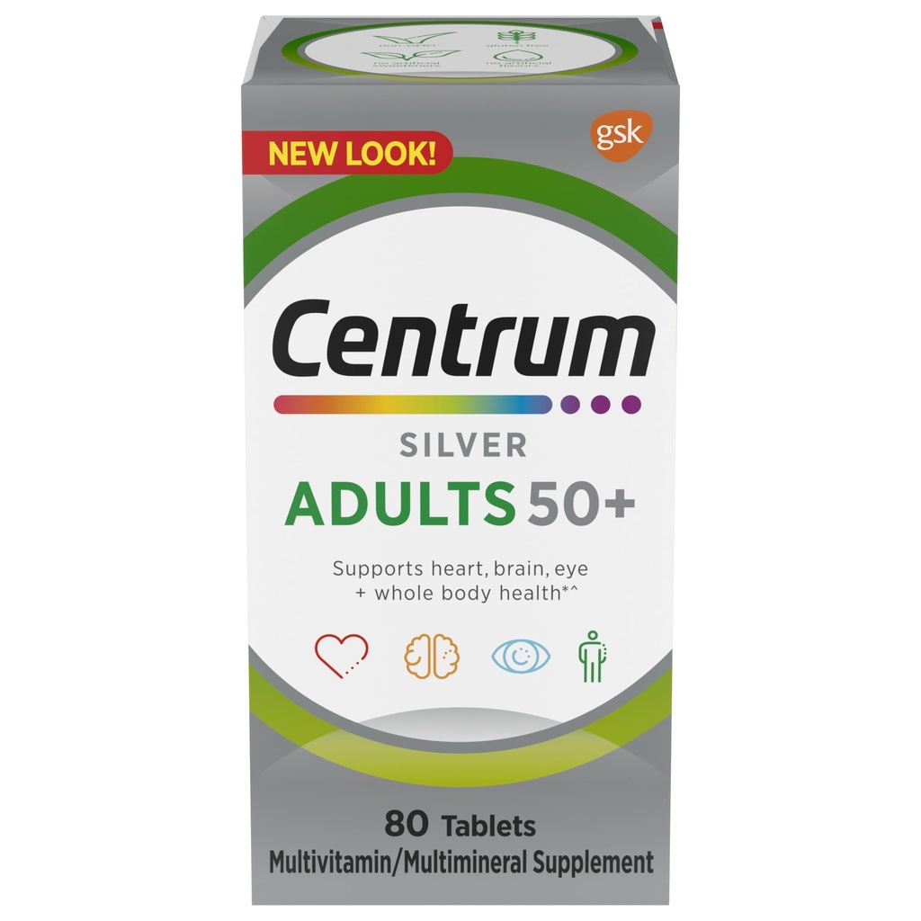 Centrum Silver Multivitamin for Adults 50 Plus, Multivitamin/Multimineral Supplement with Vitamin D3, B Vitamins, Calcium and Antioxidants, Gluten Free, Non-GMO Ingredients - 80 Count