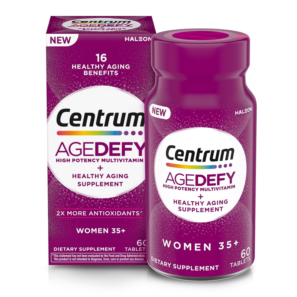 ​​​Centrum Age Defy for Women 35+ - High-Potency Multivitamin and Healthy Aging Supplement – Multivitamin with Resveratrol, and Niacin for NAD+ Level Support - Aluminum Bottle, 60 Tablets​