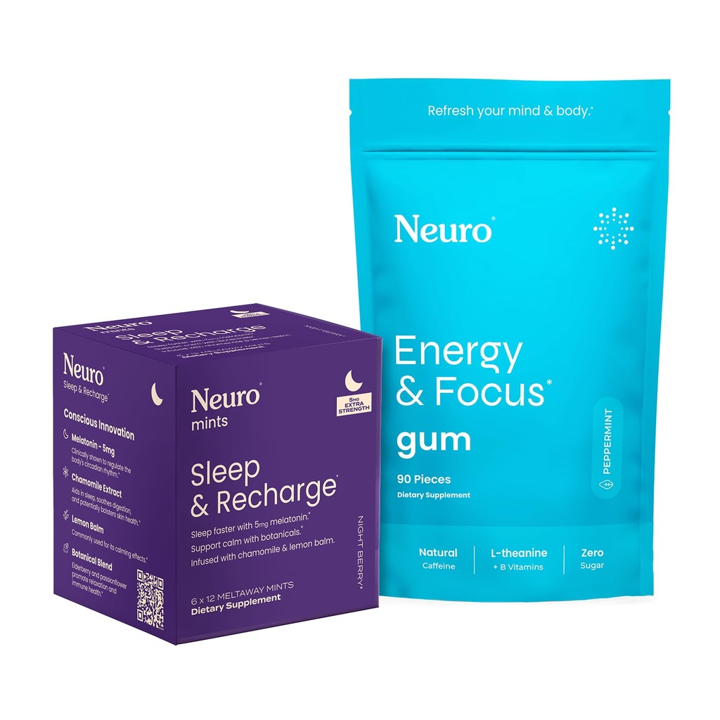Neuro Energy & Sleep Bundle – Energy & Focus Gum (Peppermint, 90 Count) + Μελατονίνη 5mg & επαναφόρτιση Μέντες (Night Berry, 72 κομμάτια) – Ημερήσια εστίαση & νυχτερινή ανάπαυση Υποστήριξη