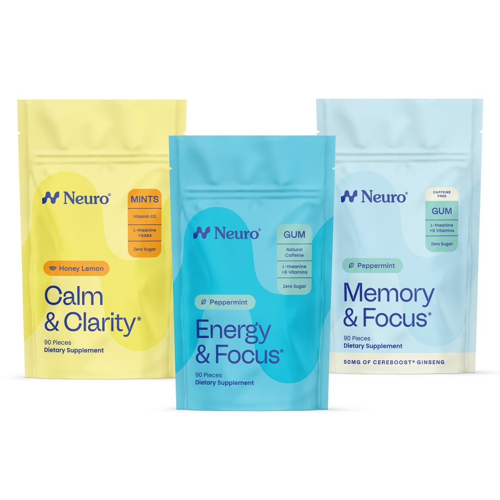 Neuro Cognitive Balance Bundle - Memory & Focus Nootropic Gum (Peppermint, 90 Count), Sleep & Recharge Melatonin Mints (Berry, 72 Count), Calm & Clarity Stress Support Mints (Honey Lemon, 90 Count)