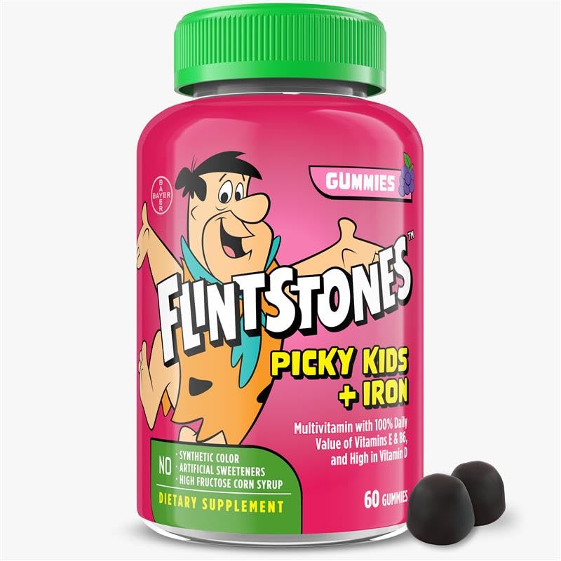 Flintstones Βιταμίνες για Picky Kids + Σιδήρου, Παιδιά Πολυβιταμίνες Gummies με Βιταμίνη C, D, E, B6 και Σιδήρου, Gummy Βιταμίνες, Σταφύλι Γεύση, 60 Gummies