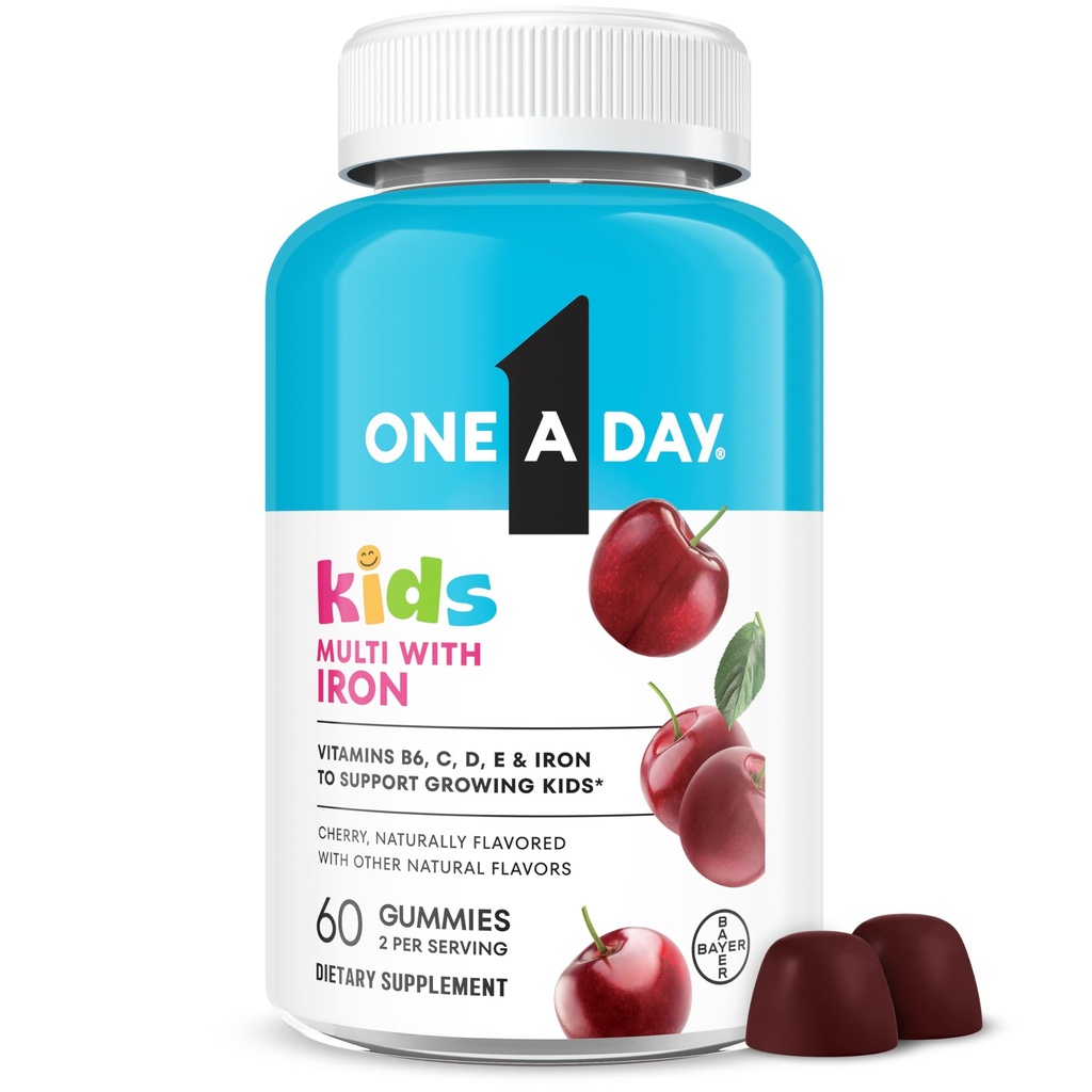 One A Day Kids Multivitamin with Iron Gummy, Vitamin D, Vitamin C, E, çinko for Immune Support, Gummy Vitamins, Kids Multivitamin Gummies with Iron, Cherry Flavor, 60 Count (Package May Vary)