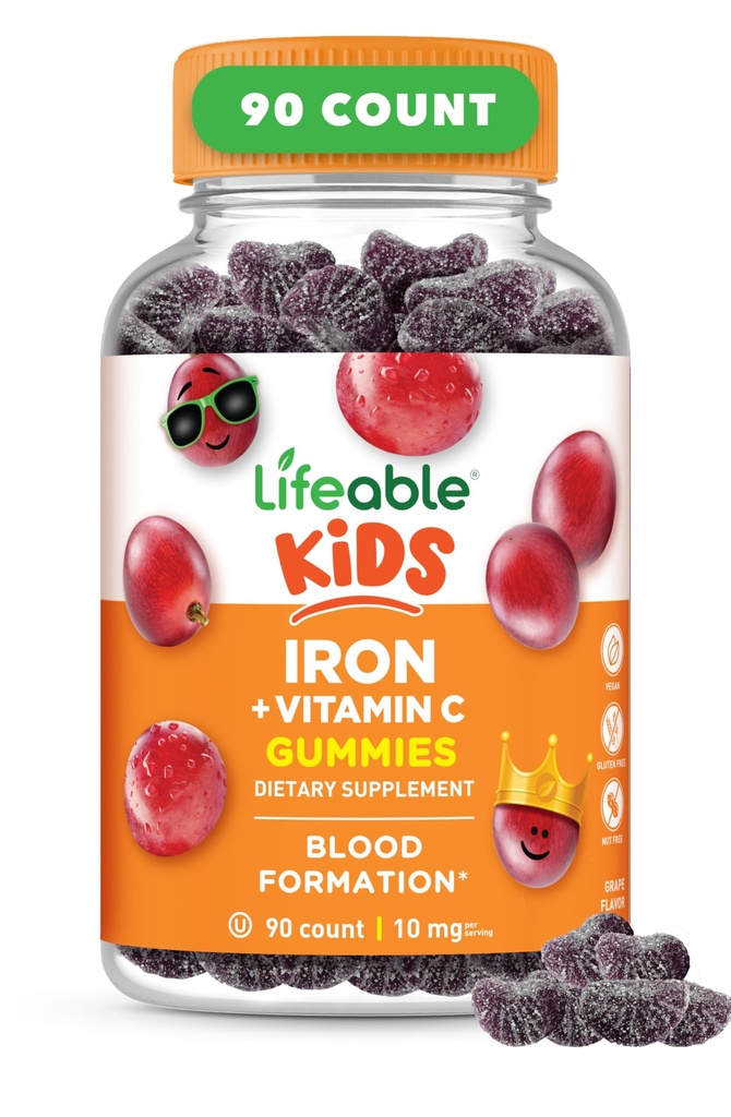 Çocuklar için Demir Supplements | 10 mg | Vitamin C | Great Tasting Iron Gummies for Kids | Vegan Non GMO Kids Iron | for Immune Health and Iron Deficiency | 90 Gummies | Lifeable