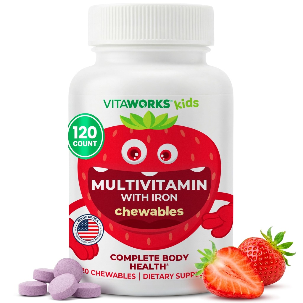 Kids Multivitamin with Iron & Minerals Chewable Tablets - Mixed Fruit Flavor - Vegetarian, GMO-Free, Nut Free - Dietary Supplement - Digestive Support for Children - 120 Chewables",