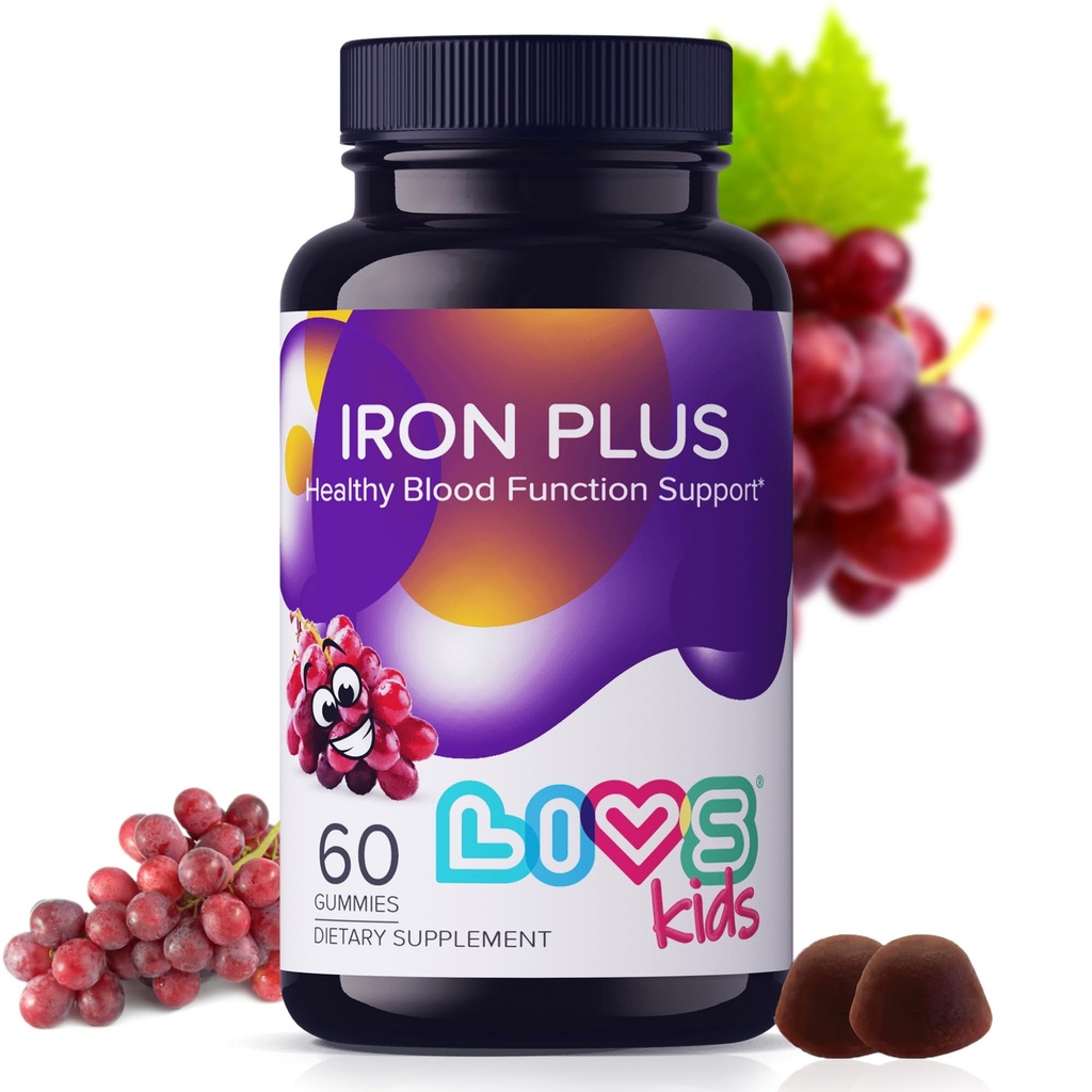 LIVS Iron Supplement for Kids with Vitamin C, A, B3, B5, B6, B12, Biotin, çinko & Folate | Non-GMO, Gluten Free Chewable Supplement as Gummy for Energy Boost & Anemia Support - 60