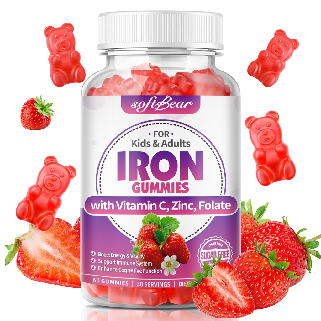Kadınlar ve Erkekler ve Çocuklar için yumuşak Demir Gummies, C,B3,B5,B6,B12 Destekler Immune System, Enerji & Vitality, Sugar-Free/Vegan, Strawberry Flavor 60