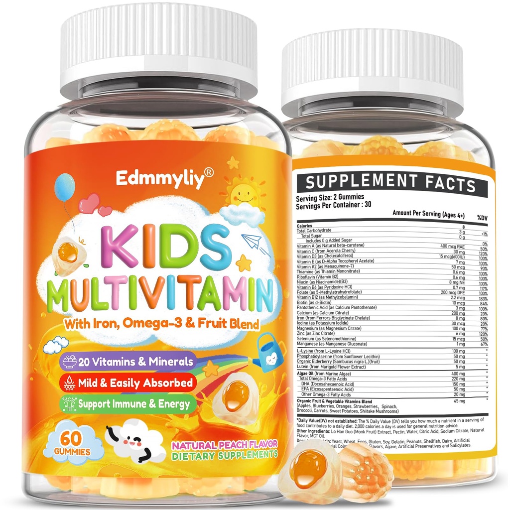 Çocuklar Multivitamin Gummies - Vitaminler A D3 K2, Omega-3 ile Me-Complex, Immune & Development Support - Organik Karma-Berry Flavor Multivitamins for Kids Daily - Sugar Free & Vegan