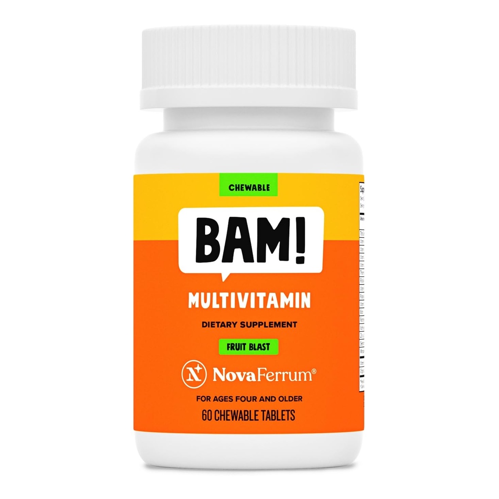 NovaFerrum BAM Μασώμενη πολυβιταμίνη για παιδιά & ενήλικες Ηλικίες 4 και άνω - Fruit Blast Flavor - 60 Chewable Tablets - με Βιταμίνες A, C, D, E, B6, B12, Βιοτίνη, Ψευδάργυρος, Σελήνιο & Μαγγάνιο