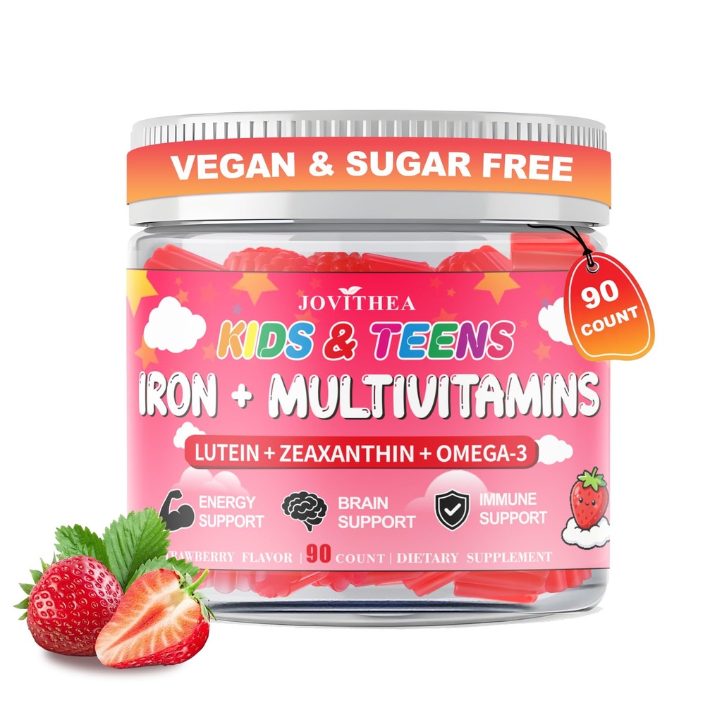 90 Kont | Çocuklar için Demir Gummies, Çocuklar Multivitamin, Kalsiyum, çinko, Folate, Omega-3 & Lutein, Support Energy, Immnity, Iron Deficiency, Anemia & Brain Health, Vegan, Sugar-Free, Strawberry Flavor