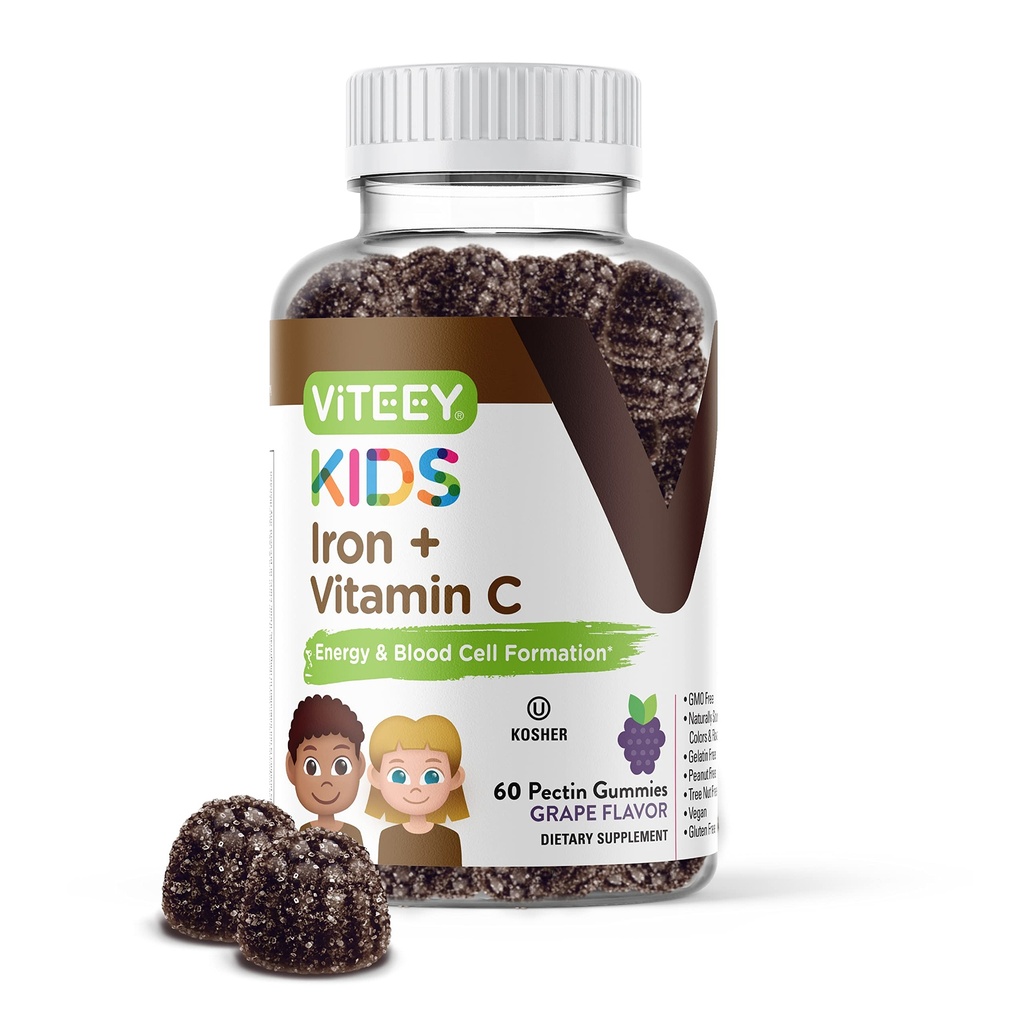 C vitamini olan çocuklar için Viteey Iron Gummies - Enerji, Kan Hücre Formülasyonu, Kan Builder Anemi Kids Iron Supplements - Vegan, Gelatin Free, Gluten Free - Tasty Chewable Grape Flavored