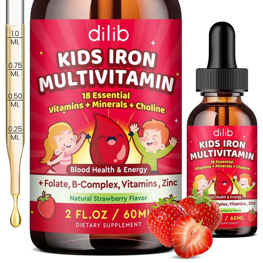 Liquid Iron Supplement for Kids, Kids Multivitamin with Iron Drops with Zinc, Vitamin B Complex, Folate - Support Blood Builder & Energy, Iron Deficiency for Women, Men, Vegan Strawberry 2 Fl Oz