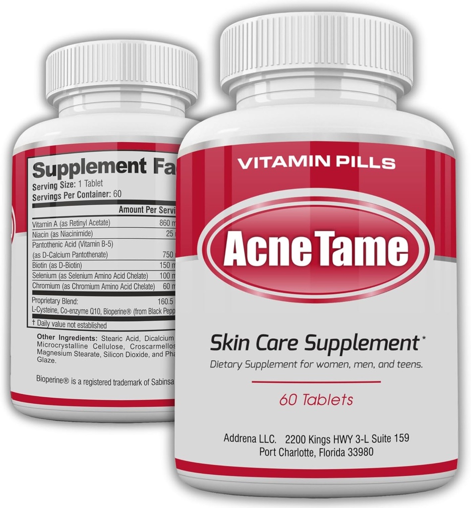 Ane Pills- Acne Tame Supplement- Clear Skin Vitamins Pill for Oily Skin Treatment, Hormonal Blemishes, Anti Spots & Cystic Acnes Supplements for Women, Men, Young & Yetişkinler- 60 Oral Tabletler