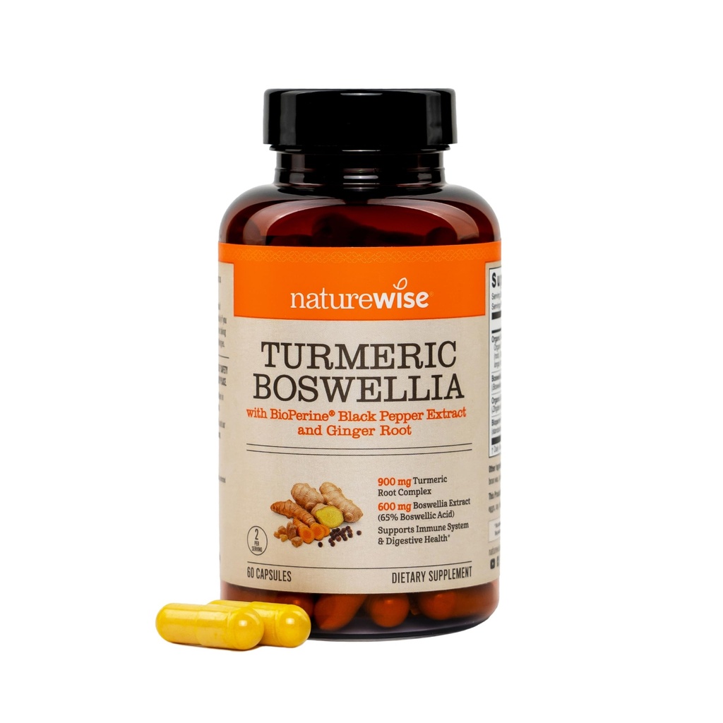 NatureWise Turmeric Boswellia Supplement with BioPerine & Organic Ginger Root - Organik Turmeric 900 mg + Boswellia Extract 600 mg - Non-GMO, Vegan, ABD - 60 Capsules[30-Day Supply]