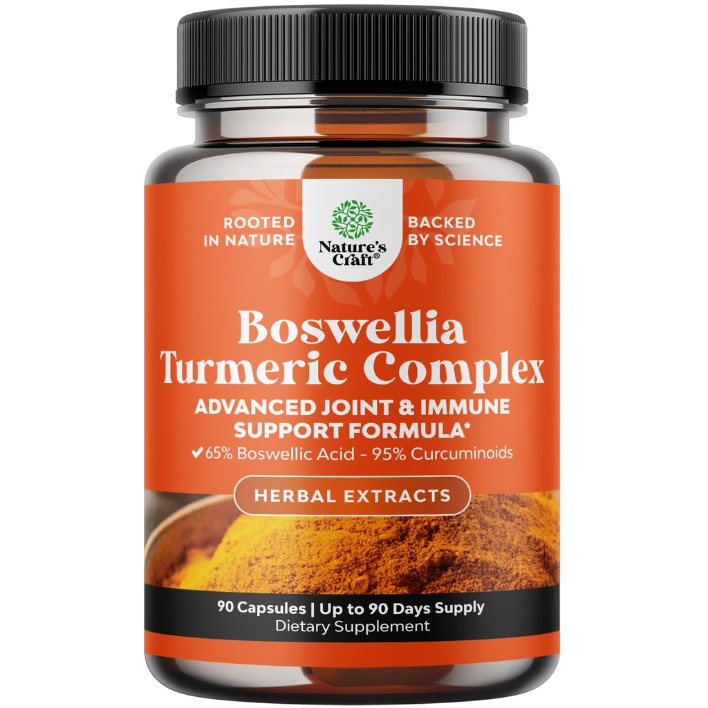 Boswellia Extract Capsules with Turmeric - Advanced Immune Health Support Supplement - Turmeric & Boswellia Serrata Capsules 500mg per Serving for Body Detox & Healthy Joints - 90 Count
