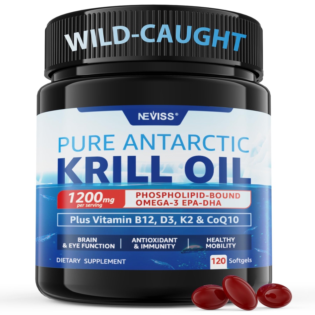Antarktika Krill Oil 1200 mg Omega 3 Supplement, Omega 3 Krill Oil Softgels w/EPA, DHA, Astaxanthin & Phospholipids for Brain & Antioxy, Sustainably Sourced, No Fishy Aftertaste, 120 Softgels