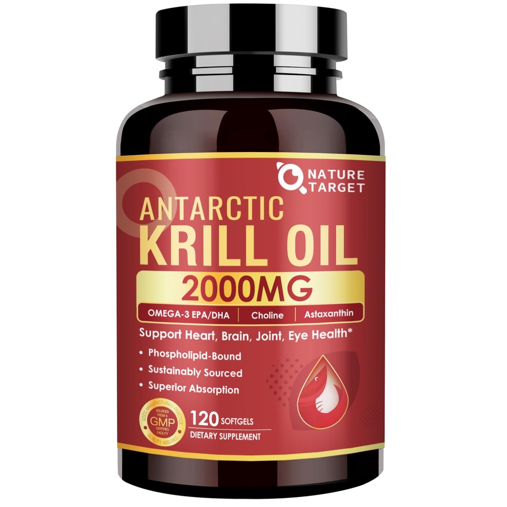 NATI TARGET Krill Oil 2000 mg with Omega-3 EPA & DHA with Astaxanthin Supplement, Choline - Supports Heart, Brain, Join, Eye Health, Non-GMO, Gluten Free, 120 Softgels (60 Hizmet)