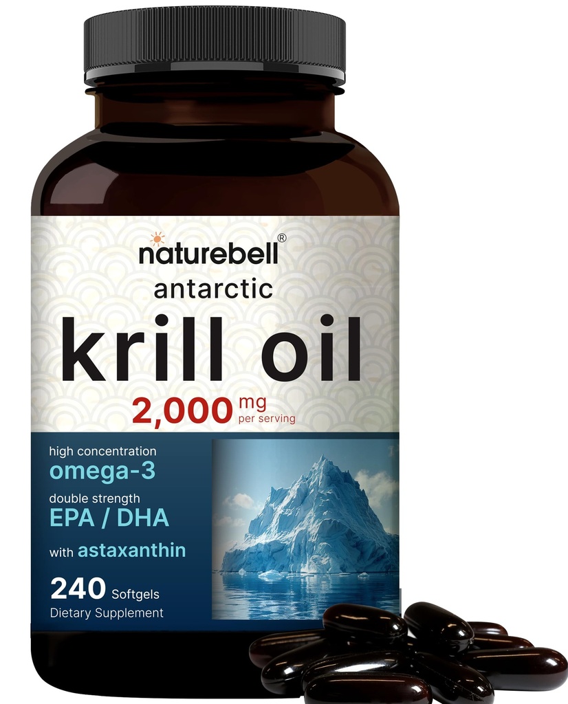 NatureBell Antarktika Krill Oil 2000 mg Supplement, 240 Softgels, 3X Strength Natural Source of Omega-3s, EPA 240 mg + DHA 160 mg + Astaxanthin 800mcg – No Fishy Aftertaste – Mercury Free & Non-GMO