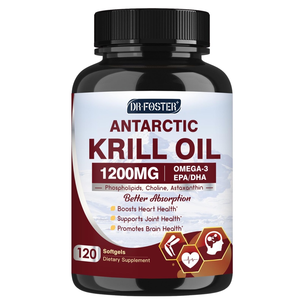 Krill Oil 1200 mg, Antarktika Krill Oil Omega 3 Supplement with EPA, DHA,Astaxanthin & Phospholipids for Heart & Brain & Joint Health, No Fishy Aftertaste,120 Softgels (60 Hizmet)